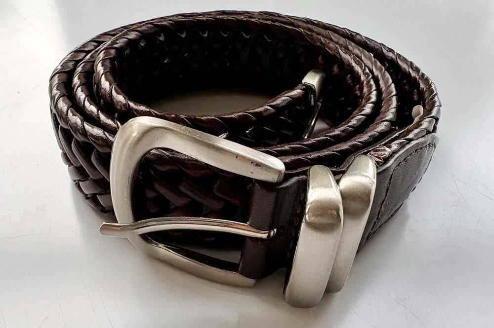 Leather Woven Belt Brushed Silver Buckle Waist 36 Dark Brown Western Country